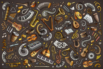 Colorful vector doodles cartoon set of classical musical instruments objects
