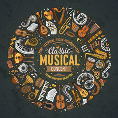Set of vector cartoon doodle classic musical instruments and objects collected in a circle border