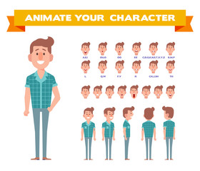 	 Front, side, back, 3/4 view animaes characters. Young guy creation set with various views, face emotions, lip sync,poses. Cartoon style, flat vector illustration.