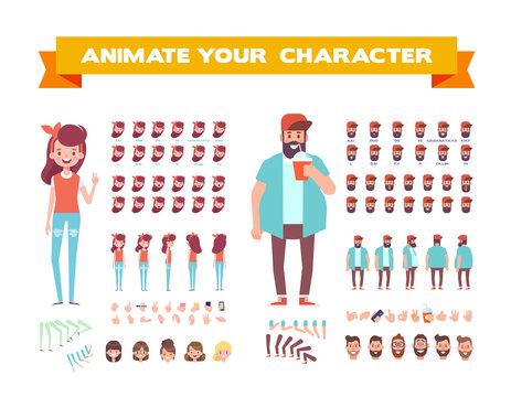  Front, side, back view animated characters. Male and female characters creation set with various views, face emotions, poses. Cartoon style, flat vector illustration.