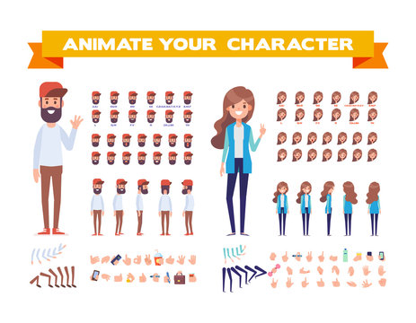  Front, side, back view animated characters. Male and female characters creation set with various views, face emotions, poses. Cartoon style, flat vector illustration.