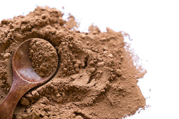pile cocoa powder in a scoop isolated on white. heap of fresh of chocolate studio shot