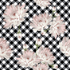 Floral seamless pattern with chrysanthemums on gingham, checked background.