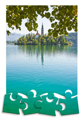 Planning a trip to Bled lake, the most famous lake in Slovenia with the island of the church (Europe - Slovenia) - Concept mage in jigsaw puzzle shape