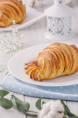 Delicious continental breakfast with fresh flaky french croissants, close up on the croissants. With white cotton flowers on a light wooden background. Provence rustic style