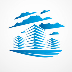 Obraz premium Office building, modern architecture vector illustration. Real estate realty business center design. 3D futuristic facade in big city. Can be used as a logo or icon.