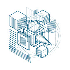 Isometric abstraction with lines and different elements, vector abstract background. Composition of cubes, hexagons, squares, rectangles and different abstract elements.