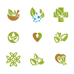 Phytotherapy metaphor, vector graphic emblems collection. Vegetarian lifestyle conceptual illustrations.