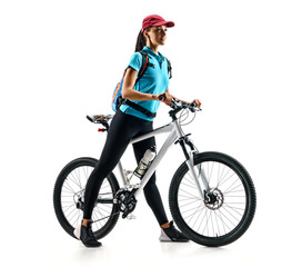 Naklejka premium Cyclist in blue t-shirt with bike in silhouette on white background. Sport and healthy lifestyle