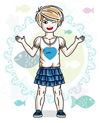 Happy little blonde girl posing on marine background with fishes and wearing fashionable casual clothes. Vector character.
