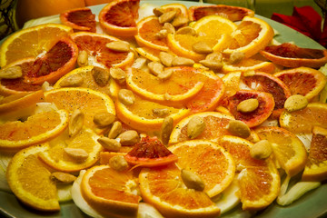 Italian appetizer with orange, fennel and almonds in extra virgin olive oil