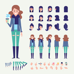Fototapeta na wymiar Flat Vector Young Woman character. Character creation set with various views, hairstyles and poses. Parts of body template for design work and animation.