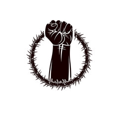 Vector illustration of muscular clenched fist of strong man raised up and surrounded by thorn wreath. Revolution leader concept, civil war abstract illustration.