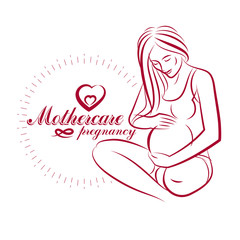 Pregnant female body shape hand drawn vector illustration, beautiful lady gently touching her belly. Maternity hospital advertising flyer