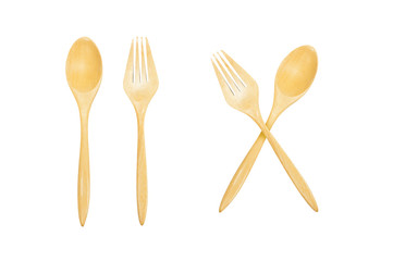 Wooden spoon and fork isolated on white background