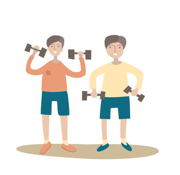 Two guys doing exercises with dumbbells. Healthy lifestyle. Vector illustration, isolated on white background.