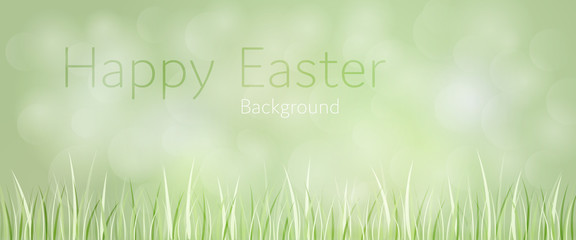 Easter background. Green landscape with grass in the foreground. Text: Happy Easter - background