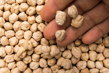 Chickpeas. Person with grains in hand. Macro. Whole food.