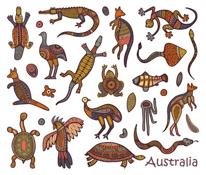 Animals drawings aboriginal australian style