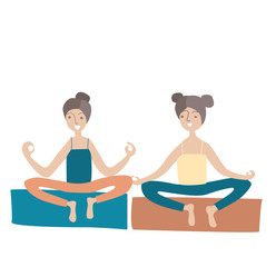 Obraz na płótnie Canvas Two young girls practicing yoga, sitting in Lotus position. Healthy lifestyle. Vector illustration, isolated on white background.