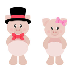cartoon pig with tie and hat and pig girl with bow