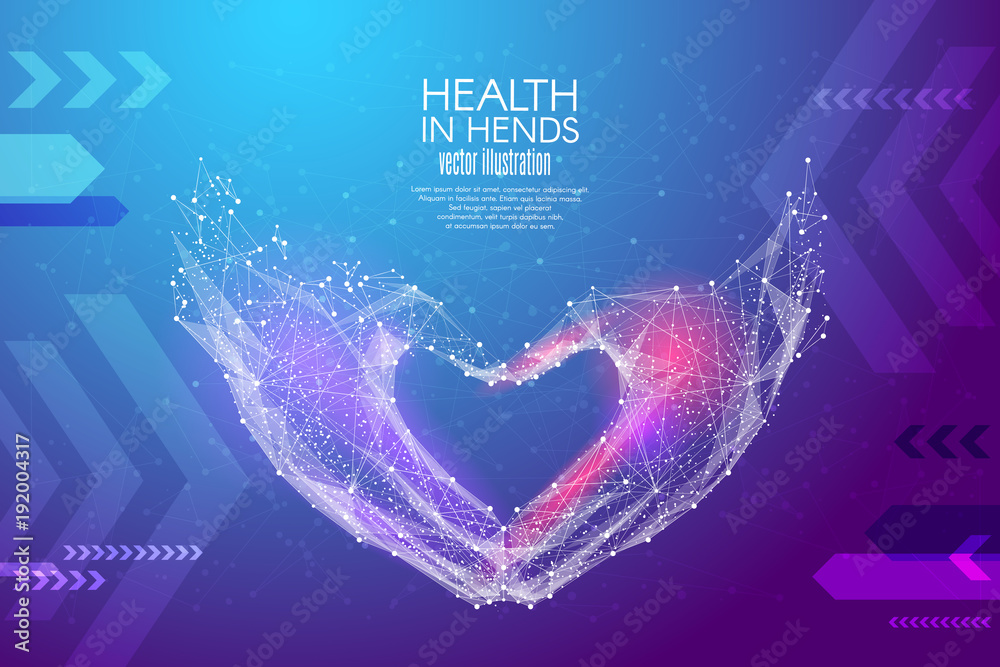 Poster abstract image love shape hands in the form of a starry sky or space, consisting of points, lines, a