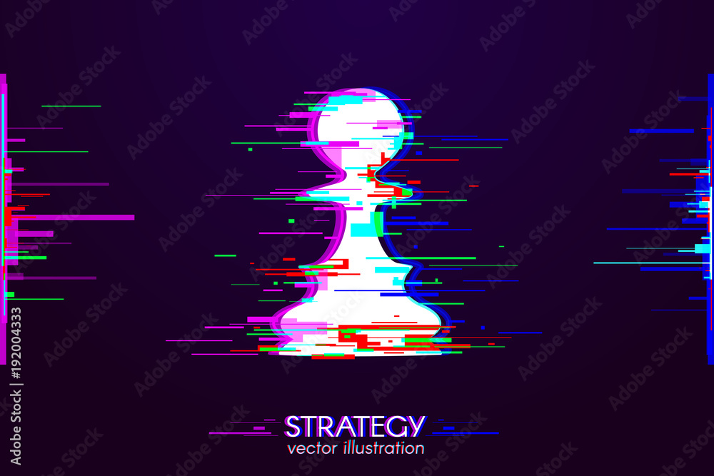 Poster Chess pawn with Interference. Glitch logo of pawn on dark background. White object with anaglyph color effect. Vector strategy concept illustration.