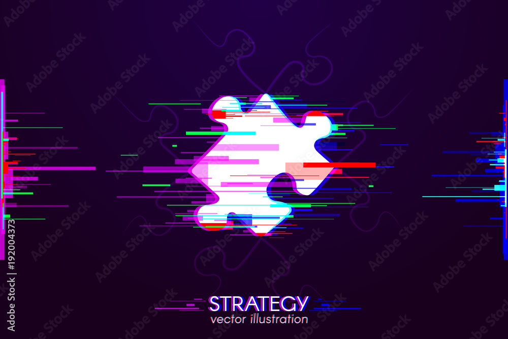 Fototapete puzzle with interference. glitch logo of strategy on dark background. white object with anaglyph col