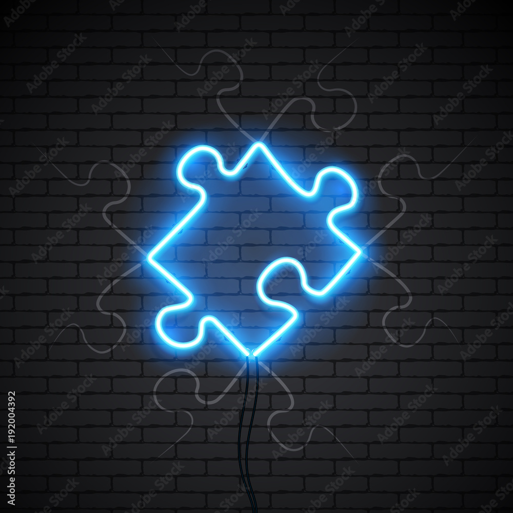 Poster Image of a Puzzle made of neon lamps on a background in the form of a dark brick wall. Business strategy with bright neon light.