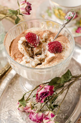 Dessert with raspberry close-up
