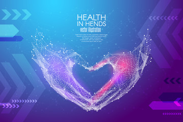 Abstract image Love shape hands in the form of a starry sky or space, consisting of points, lines, and shapes in the form of planets, stars and the universe. Vector wireframe concept. Blue purple