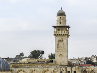 Fototapeta premium Jerusalem, Israel - The tall minaret of the Al-Aqsa Mosque in Old City of Jerusalem, Israel