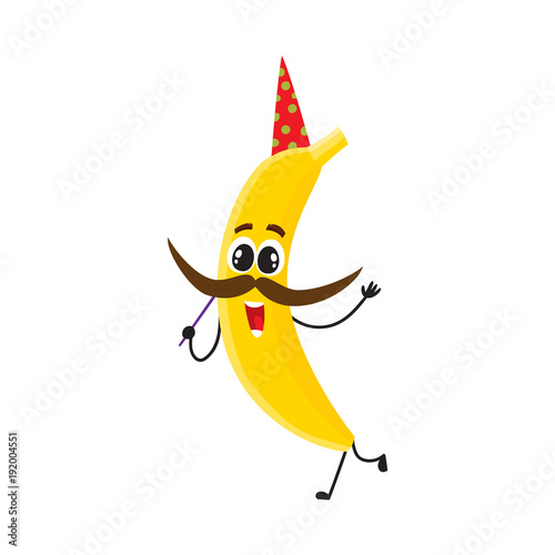 "Funny banana character in birthday hat holding mustache on a stick