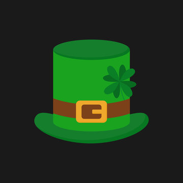 Leprechaun hat vector illustration, icon. St. Patrick's day green hat with four leaf clover, isolated on grey background.
