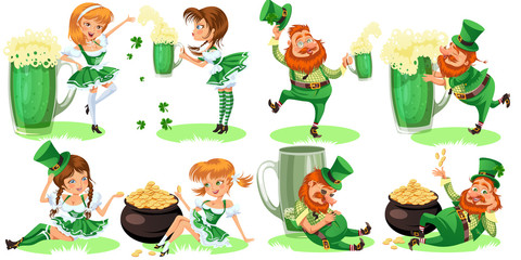 Saint patrick day characters, leprechaun and girl with mug of green beer, glass full alcohol ale, drunk man in cylinder symbol of luck shamrock, cartoon elf sits near pot full gold money isolated on
