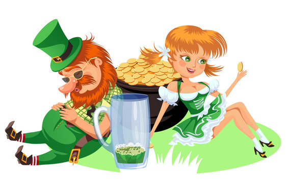 Saint patrick day characters, leprechaun and girl with mug of green beer, glass full alcohol ale, drunk man in cylinder symbol of luck shamrock, cartoon elf sits near pot full gold money isolated on