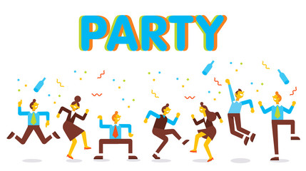 Business people have a party in office. They dancing , having fun and drinking alcohol at a party. Cartoon style, flat vector illustration.