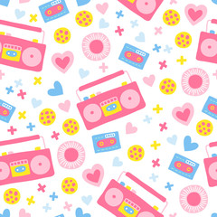 Seamless pattern with hearts, cartridge, player, cookies in pastel colors