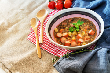 Traditional homemade Sausages with beans soup
