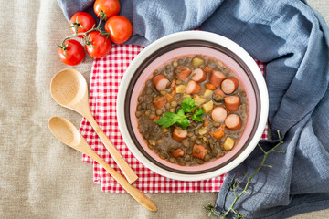 Traditional homemade Sausages with beans soup