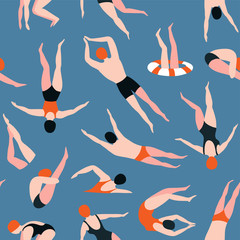 Fototapeta na wymiar People swimming pattern. Summer seamless background. Summertime vector illustration with swimmers drawing in flat design. 