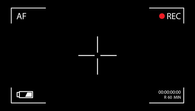 Camera screen with white frame, figures and battery symbol. Camcorder viewfinder on black background.