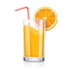 Fresh orange juice in a glass. Tube for drinking and realisitc orange slice Citrus natural fruit drink