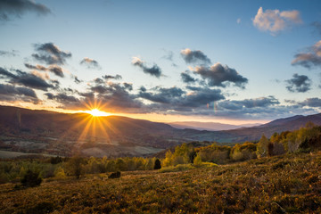 Sunset over  the Bieszczady Mountains in the autumn from Polonina Carynska, Podkarpackie, Poland