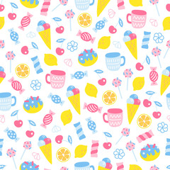 Seamless pattern with cup, cherry, ice cream, candy in pastel colors
