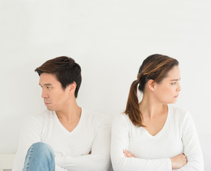 Asian lover or love couple break up divorce concept, lover turn back each other on the bed with white background with copy space, Family or relationship problem concept. - obrazy, fototapety, plakaty