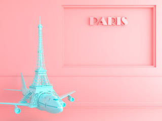 Fototapeta na wymiar Pastel eiffel tower with AIRPLANE .Love travel Paris concept.3d render