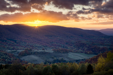 Sunset over the Rawka Mount in Bieszczady mountains at autumn, Podkarpackie, Poland