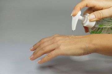 Care for female hands, applying gel on hands, horizontal cadres