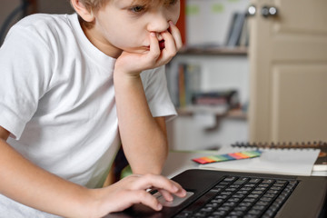 enthusiastic boy with laptop. Portrait of little boy by using laptop at home
